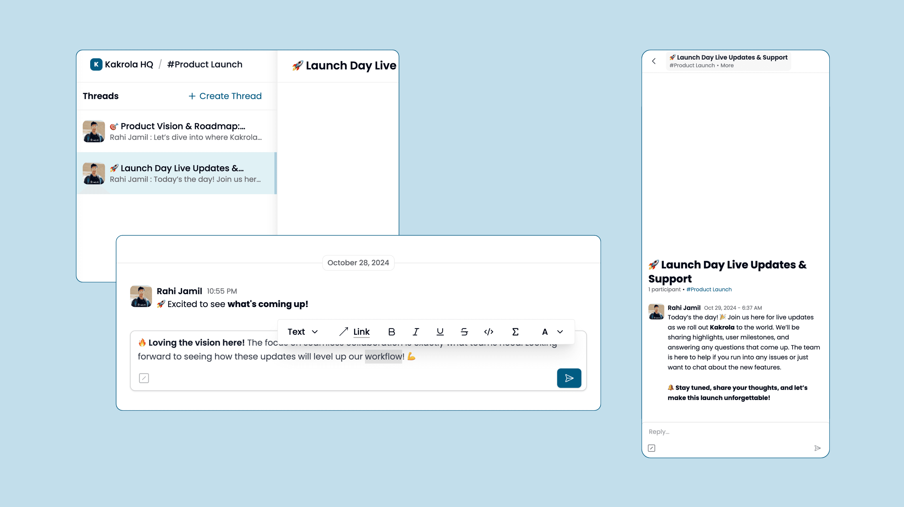 Team communication interface showing channels and thread discussions