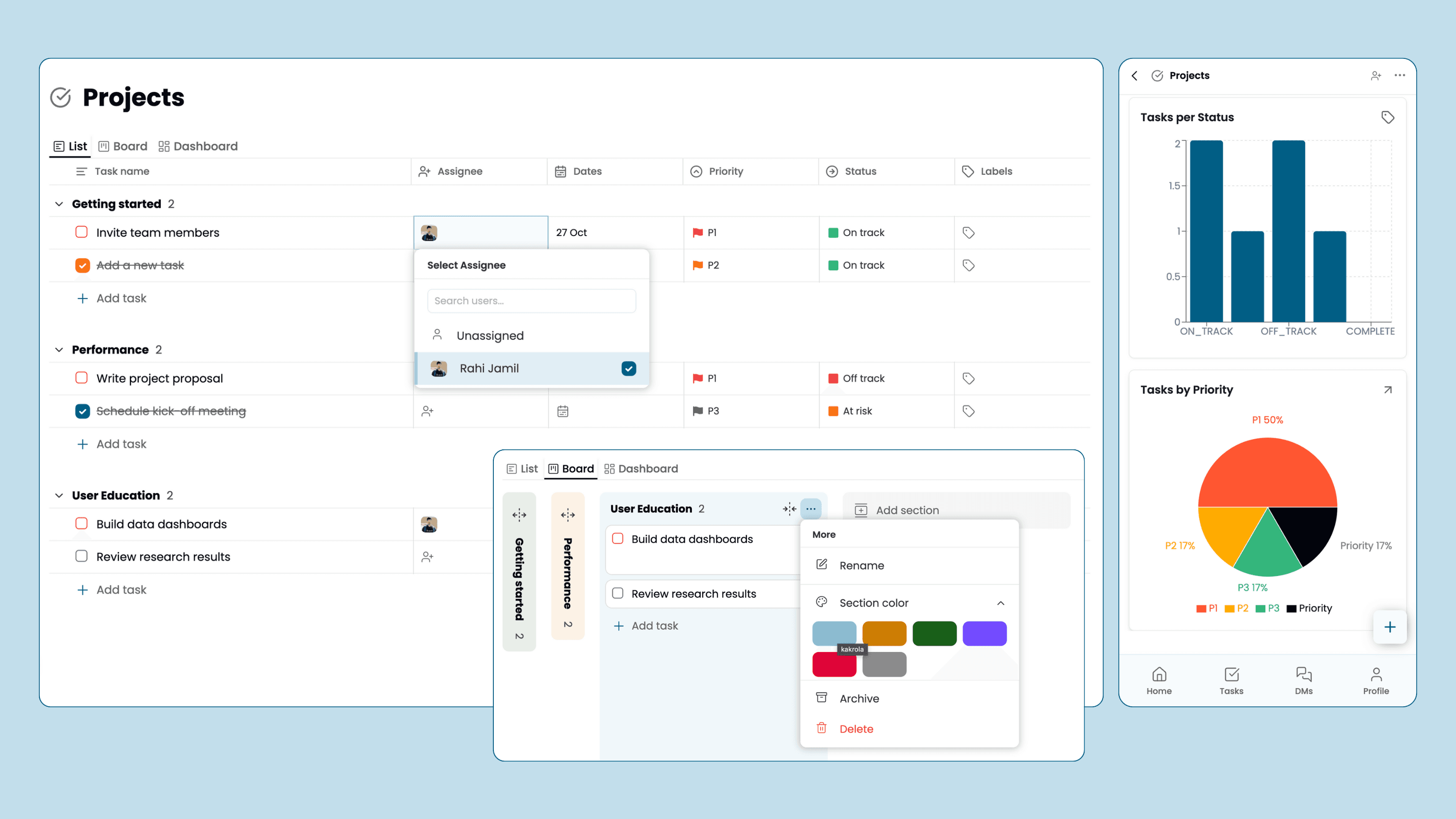 Project management dashboard